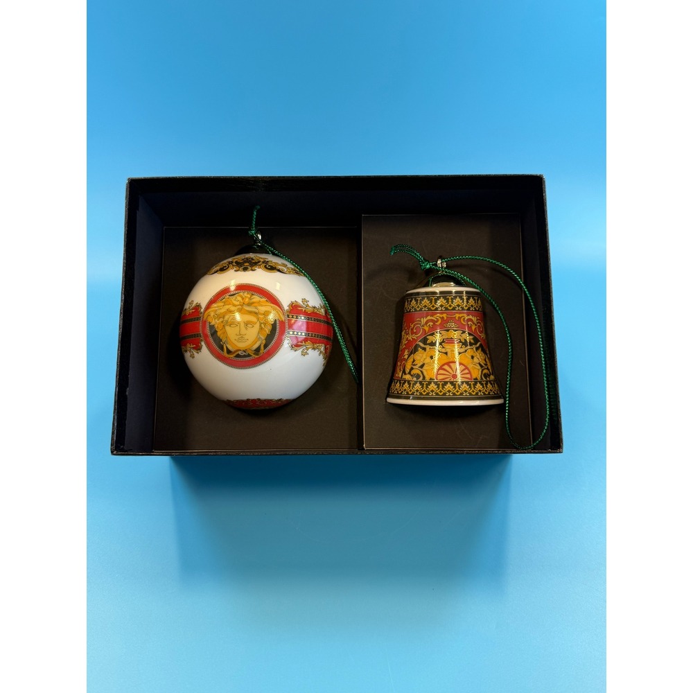Versace Rosenthal Medusa Bell & Ball Ornament Set Porcelain Holiday Decor w/ Box